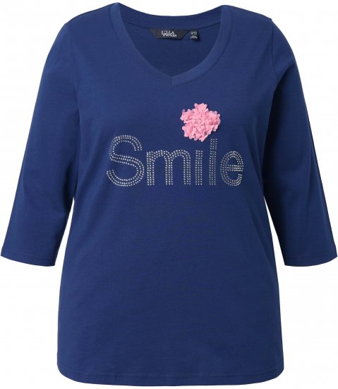 Ulla Popken Smile Rhinestone 3/4 Sleeve Graphic Tee Ink Blue - Potlačené tričká pre ženy - 