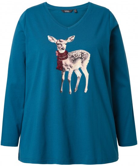 Ulla Popken Fawn Long Sleeve Graphic Tee Teal - Potlačené tričká pre ženy - 