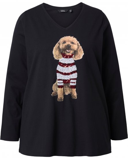 Ulla Popken Sequined Puppy Long Sleeve Graphic Tee Black - Potlačené tričká pre ženy - 