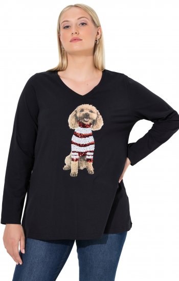 Ulla Popken Sequined Puppy Long Sleeve Graphic Tee Black - Potlačené tričká pre ženy - 